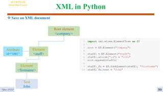 XML in Python
Year 2022 50
Root element
<company>
Element
<staff>
Element
<firstname>
Text
John
Attribute
id=“1001”
AI VIETNAM
All-in-One Course
 Save an XML document
 
