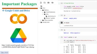 Important Packages
Year 2022
 Google Colab and Drive
https://colab.research.google.com/drive/1YrU4un
s_kH9BVRDovBe8nI53qRCWd4sT?usp=sharing
 