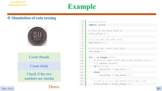 Example
 Simulation of coin tossing
AI VIETNAM
All-in-One Course
Count #tails
Count #heads
Check if the two
numbers are similar
Demo 57
Year 2022
 