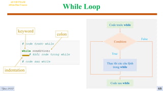 While Loop
4
AI VIETNAM
All-in-One Course
Condition
Thực thi các câu lệnh
trong while
False
True
Code trước while
Code sau while
colon
indentation
keyword
68
Year 2022
 