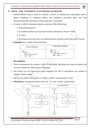 Introduction to Python Programming(BPLCK105B) - Module 1: Python: Basics, Flow control & Functions
Dr. Suresha V, Professor, Dept. of E&C. K V G C E, Sullia, D.K-57432 Page 18
4. While loop Statements:(June 2024-6M, July 2024-6M)
o Python While Loop is used to execute a block of statements repeatedly until a
given condition is satisfied. When the condition becomes false, the line
immediately after the loop in the program is executed.
o In code, a while statement always consists of the following:
1. The while keyword
2. A condition (that is an expression that evaluates to True or False.
3. A colon
4. Starting on the next line, an indented block of code (called the while clause)
o Example: for a while loop statement
o Description:
o These statements are similar—both if and while checking the value of spam, and
if it’s less than five, they print a message.
o But when we run these two code snippets, for the if statement, the output is
simply "Hello, world."
o But for the while statement, it’s "Hello, world." repeated five times.
o Flowchart: comaprision flow chart for “ if ” and “ while ” statements.
 