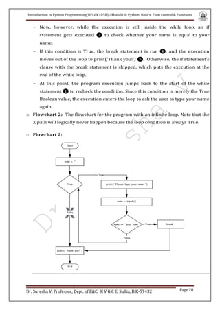 Introduction to Python Programming(BPLCK105B) - Module 1: Python: Basics, Flow control & Functions
Dr. Suresha V, Professor, Dept. of E&C. K V G C E, Sullia, D.K-57432 Page 20
- Now, however, while the execution is still inside the while loop, an if
statement gets executed ❸ to check whether your name is equal to your
name.
- If this condition is True, the break statement is run ❹, and the execution
moves out of the loop to print('Thank you!') ❺. Otherwise, the if statement’s
clause with the break statement is skipped, which puts the execution at the
end of the while loop.
- At this point, the program execution jumps back to the start of the while
statement ❶ to recheck the condition. Since this condition is merely the True
Boolean value, the execution enters the loop to ask the user to type your name
again.
o Flowchart 2: The flowchart for the program with an infinite loop. Note that the
X path will logically never happen because the loop condition is always True.
o Flowchart 2:
 
