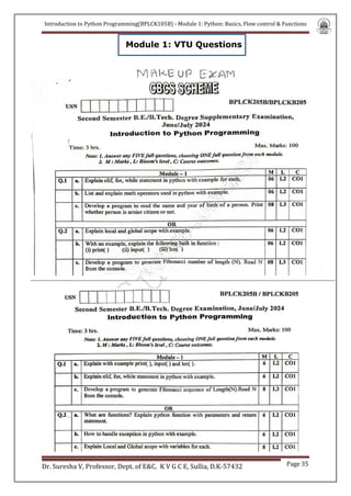 Introduction to Python Programming(BPLCK105B) - Module 1: Python: Basics, Flow control & Functions
Dr. Suresha V, Professor, Dept. of E&C. K V G C E, Sullia, D.K-57432 Page 35
Module 1: VTU Questions
 