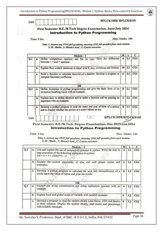Introduction to Python Programming(BPLCK105B) - Module 1: Python: Basics, Flow control & Functions
Dr. Suresha V, Professor, Dept. of E&C. K V G C E, Sullia, D.K-57432 Page 36
 