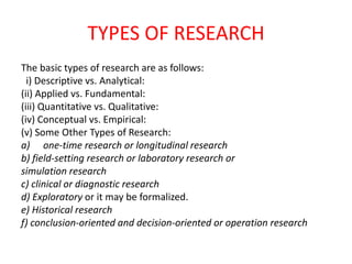 TYPES OF RESEARCH
The basic types of research are as follows:
i) Descriptive vs. Analytical:
(ii) Applied vs. Fundamental:
(iii) Quantitative vs. Qualitative:
(iv) Conceptual vs. Empirical:
(v) Some Other Types of Research:
a) one-time research or longitudinal research
b) field-setting research or laboratory research or
simulation research
c) clinical or diagnostic research
d) Exploratory or it may be formalized.
e) Historical research
f) conclusion-oriented and decision-oriented or operation research
 