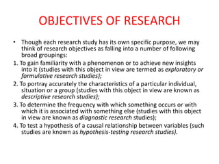 OBJECTIVES OF RESEARCH
• Though each research study has its own specific purpose, we may
think of research objectives as falling into a number of following
broad groupings:
1. To gain familiarity with a phenomenon or to achieve new insights
into it (studies with this object in view are termed as exploratory or
formulative research studies);
2. To portray accurately the characteristics of a particular individual,
situation or a group (studies with this object in view are known as
descriptive research studies);
3. To determine the frequency with which something occurs or with
which it is associated with something else (studies with this object
in view are known as diagnostic research studies);
4. To test a hypothesis of a causal relationship between variables (such
studies are known as hypothesis-testing research studies).
 