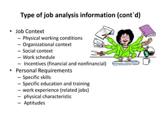 Type of job analysis information (cont`d)
• Job Context
– Physical working conditions
– Organizational context
– Social context
– Work schedule
– Incentives (financial and nonfinancial)
• Personal Requirements
– Specific skills
– Specific education and training
– work experience (related jobs)
– physical characteristic
– Aptitudes
 