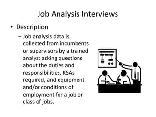Job Analysis Interviews
• Description
– Job analysis data is
collected from incumbents
or supervisors by a trained
analyst asking questions
about the duties and
responsibilities, KSAs
required, and equipment
and/or conditions of
employment for a job or
class of jobs.
 