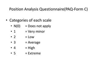 Position Analysis Questionnaire(PAQ-Form C)
• Categories of each scale
• N(0) = Does not apply
• 1 = Very minor
• 2 = Low
• 3 = Average
• 4 = High
• 5 = Extreme
 