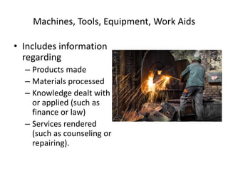 Machines, Tools, Equipment, Work Aids
• Includes information
regarding
– Products made
– Materials processed
– Knowledge dealt with
or applied (such as
finance or law)
– Services rendered
(such as counseling or
repairing).
 