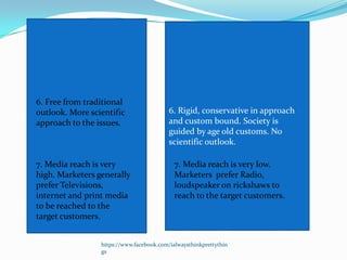 6. Free from traditional
outlook. More scientific                  6. Rigid, conservative in approach
approach to the issues.                   and custom bound. Society is
                                          guided by age old customs. No
                                          scientific outlook.

7. Media reach is very                      7. Media reach is very low.
high. Marketers generally                   Marketers prefer Radio,
prefer Televisions,                         loudspeaker on rickshaws to
internet and print media                    reach to the target customers.
to be reached to the
target customers.


                 https://www.facebook.com/ialwaysthinkprettythin
                 gs
 