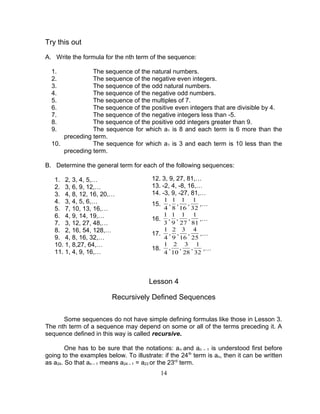 Grade 10 Math Module 1 searching for patterns, sequence and series | DOC