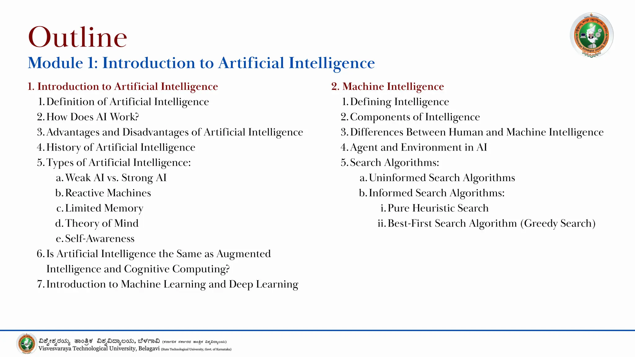 1. Introduction to Artificial Intelligence
1.Definition of Artificial Intelligence
2.How Does AI Work?
3.Advantages and Disadvantages of Artificial Intelligence
4.History of Artificial Intelligence
5.Types of Artificial Intelligence:
a.Weak AI vs. Strong AI
b.Reactive Machines
c.Limited Memory
d.Theory of Mind
e.Self-Awareness
6.Is Artificial Intelligence the Same as Augmented
Intelligence and Cognitive Computing?
7.Introduction to Machine Learning and Deep Learning
Outline
Module 1: Introduction to Artificial Intelligence
2. Machine Intelligence
1.Defining Intelligence
2.Components of Intelligence
3.Differences Between Human and Machine Intelligence
4.Agent and Environment in AI
5.Search Algorithms:
a.Uninformed Search Algorithms
b.Informed Search Algorithms:
i.Pure Heuristic Search
ii.Best-First Search Algorithm (Greedy Search)
 