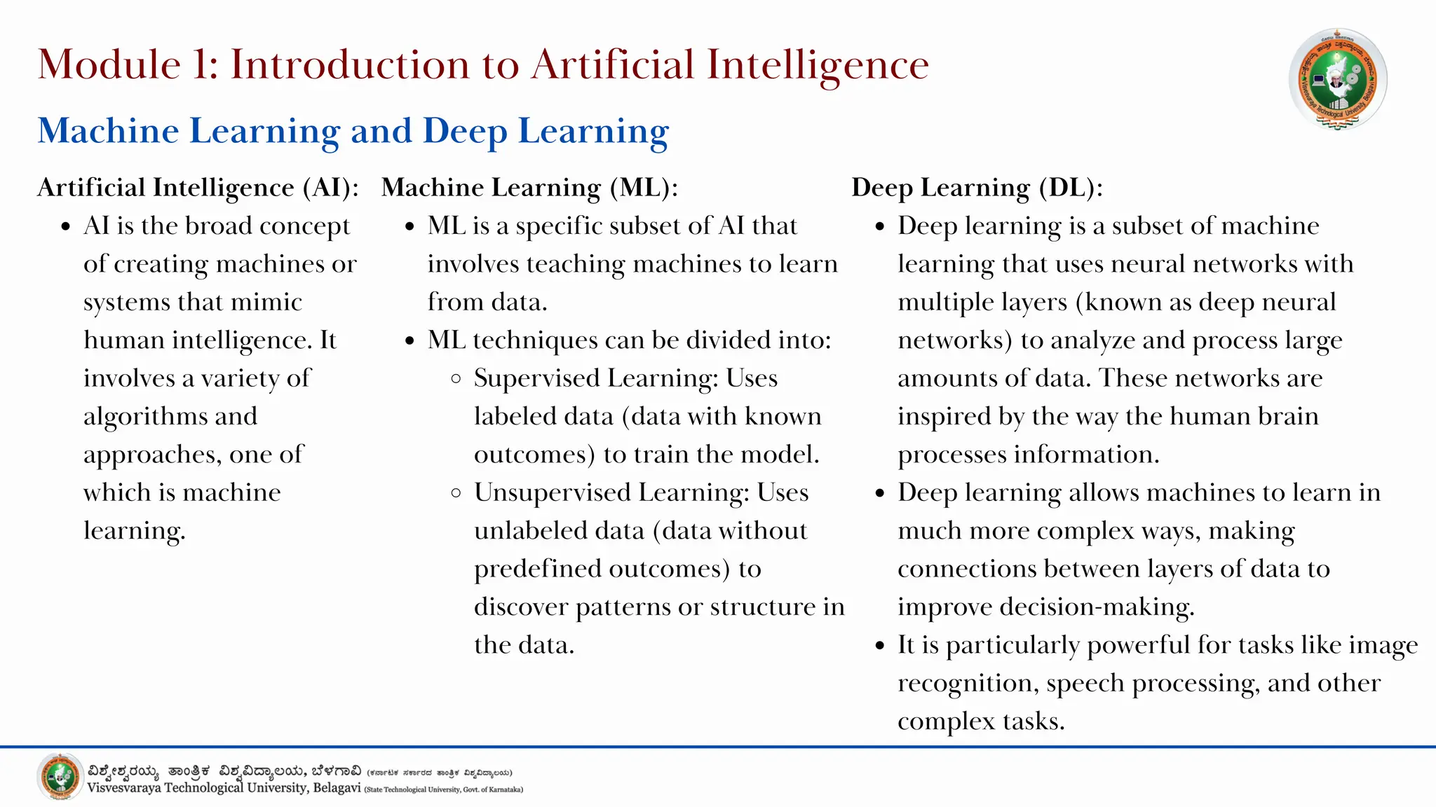 Module 1: Introduction to Artificial Intelligence
Machine Learning and Deep Learning
Artificial Intelligence (AI):
AI is the broad concept
of creating machines or
systems that mimic
human intelligence. It
involves a variety of
algorithms and
approaches, one of
which is machine
learning.
Machine Learning (ML):
ML is a specific subset of AI that
involves teaching machines to learn
from data.
ML techniques can be divided into:
Supervised Learning: Uses
labeled data (data with known
outcomes) to train the model.
Unsupervised Learning: Uses
unlabeled data (data without
predefined outcomes) to
discover patterns or structure in
the data.
Deep Learning (DL):
Deep learning is a subset of machine
learning that uses neural networks with
multiple layers (known as deep neural
networks) to analyze and process large
amounts of data. These networks are
inspired by the way the human brain
processes information.
Deep learning allows machines to learn in
much more complex ways, making
connections between layers of data to
improve decision-making.
It is particularly powerful for tasks like image
recognition, speech processing, and other
complex tasks.
 
