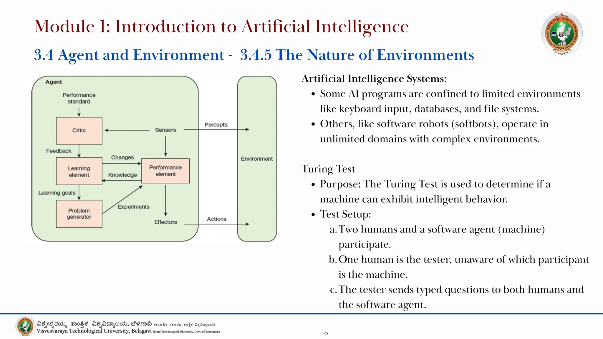 Artificial Intelligence Systems:
Some AI programs are confined to limited environments
like keyboard input, databases, and file systems.
Others, like software robots (softbots), operate in
unlimited domains with complex environments.
Turing Test
Purpose: The Turing Test is used to determine if a
machine can exhibit intelligent behavior.
Test Setup:
a.Two humans and a software agent (machine)
participate.
b.One human is the tester, unaware of which participant
is the machine.
c.The tester sends typed questions to both humans and
the software agent.
Module 1: Introduction to Artificial Intelligence
3.4 Agent and Environment - 3.4.5 The Nature of Environments
 