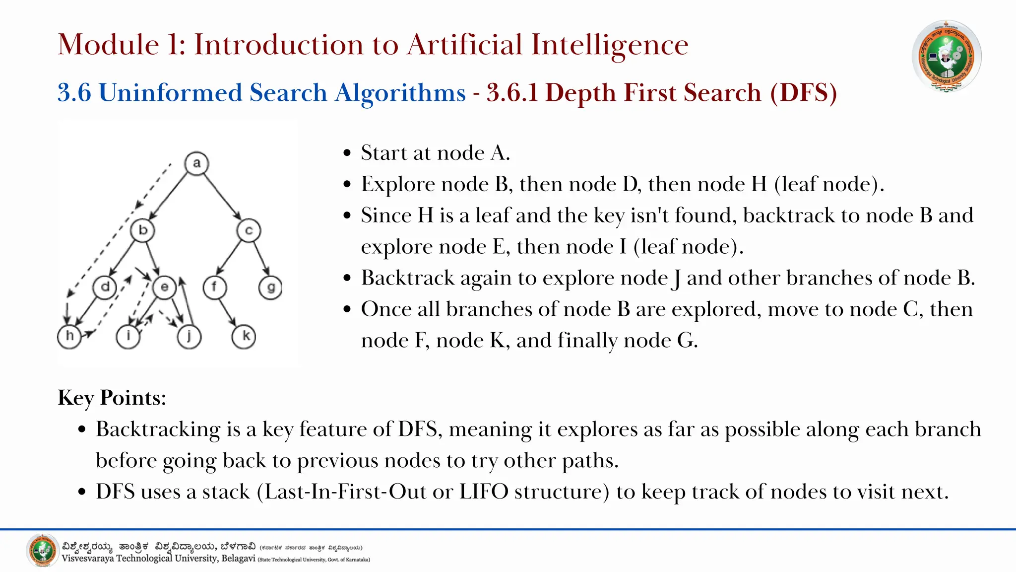 Start at node A.
Explore node B, then node D, then node H (leaf node).
Since H is a leaf and the key isn't found, backtrack to node B and
explore node E, then node I (leaf node).
Backtrack again to explore node J and other branches of node B.
Once all branches of node B are explored, move to node C, then
node F, node K, and finally node G.
Module 1: Introduction to Artificial Intelligence
3.6 Uninformed Search Algorithms - 3.6.1 Depth First Search (DFS)
Key Points:
Backtracking is a key feature of DFS, meaning it explores as far as possible along each branch
before going back to previous nodes to try other paths.
DFS uses a stack (Last-In-First-Out or LIFO structure) to keep track of nodes to visit next.
 