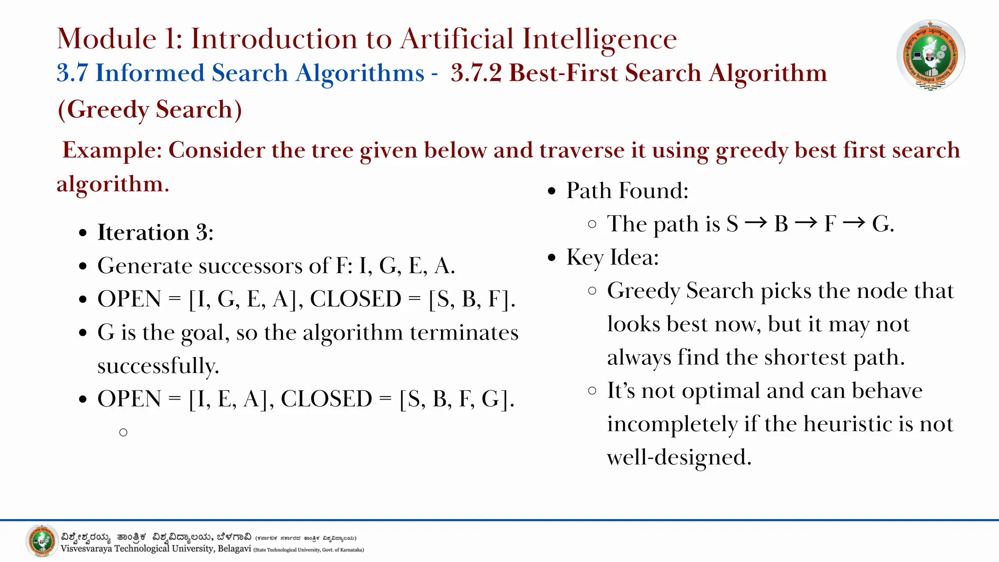 Iteration 3:
Generate successors of F: I, G, E, A.
OPEN = [I, G, E, A], CLOSED = [S, B, F].
G is the goal, so the algorithm terminates
successfully.
OPEN = [I, E, A], CLOSED = [S, B, F, G].
Module 1: Introduction to Artificial Intelligence
3.7 Informed Search Algorithms - 3.7.2 Best-First Search Algorithm
(Greedy Search)
Example: Consider the tree given below and traverse it using greedy best first search
algorithm. Path Found:
The path is S →B →F →G.
Key Idea:
Greedy Search picks the node that
looks best now, but it may not
always find the shortest path.
It’s not optimal and can behave
incompletely if the heuristic is not
well-designed.
 