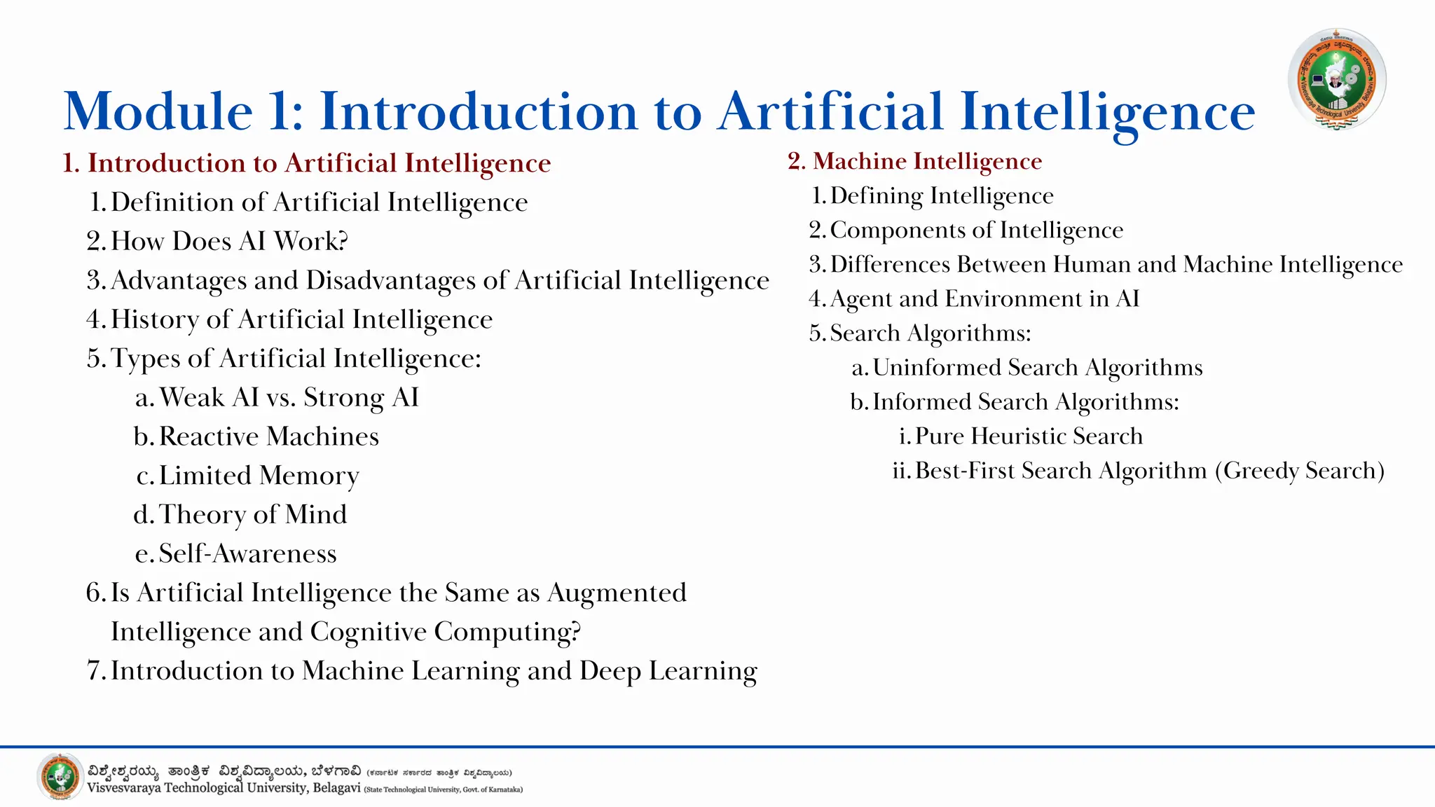 1. Introduction to Artificial Intelligence
1.Definition of Artificial Intelligence
2.How Does AI Work?
3.Advantages and Disadvantages of Artificial Intelligence
4.History of Artificial Intelligence
5.Types of Artificial Intelligence:
a.Weak AI vs. Strong AI
b.Reactive Machines
c.Limited Memory
d.Theory of Mind
e.Self-Awareness
6.Is Artificial Intelligence the Same as Augmented
Intelligence and Cognitive Computing?
7.Introduction to Machine Learning and Deep Learning
Module 1: Introduction to Artificial Intelligence
2. Machine Intelligence
1.Defining Intelligence
2.Components of Intelligence
3.Differences Between Human and Machine Intelligence
4.Agent and Environment in AI
5.Search Algorithms:
a.Uninformed Search Algorithms
b.Informed Search Algorithms:
i.Pure Heuristic Search
ii.Best-First Search Algorithm (Greedy Search)
 