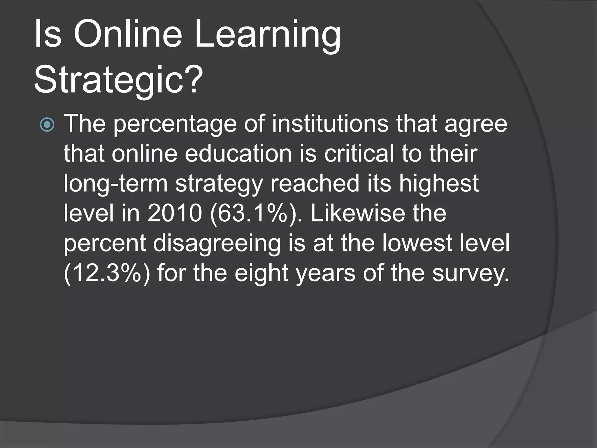 Is Online Learning Strategic?The percentage of institutions that agree that online education is critical to their long-term strategy reached its highest level in 2010 (63.1%). Likewise the percent disagreeing is at the lowest level (12.3%) for the eight years of the survey.