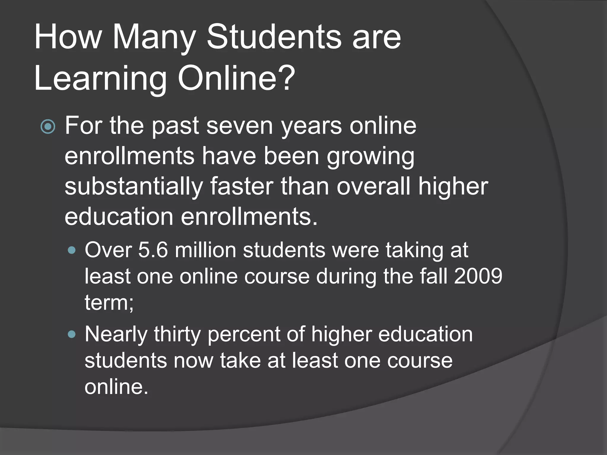 How Many Students are Learning Online?For the past seven years online enrollments have been growing substantially faster than overall higher education enrollments.Over 5.6 million students were taking at least one online course during the fall 2009 term;Nearly thirty percent of higher education students now take at least one course online.