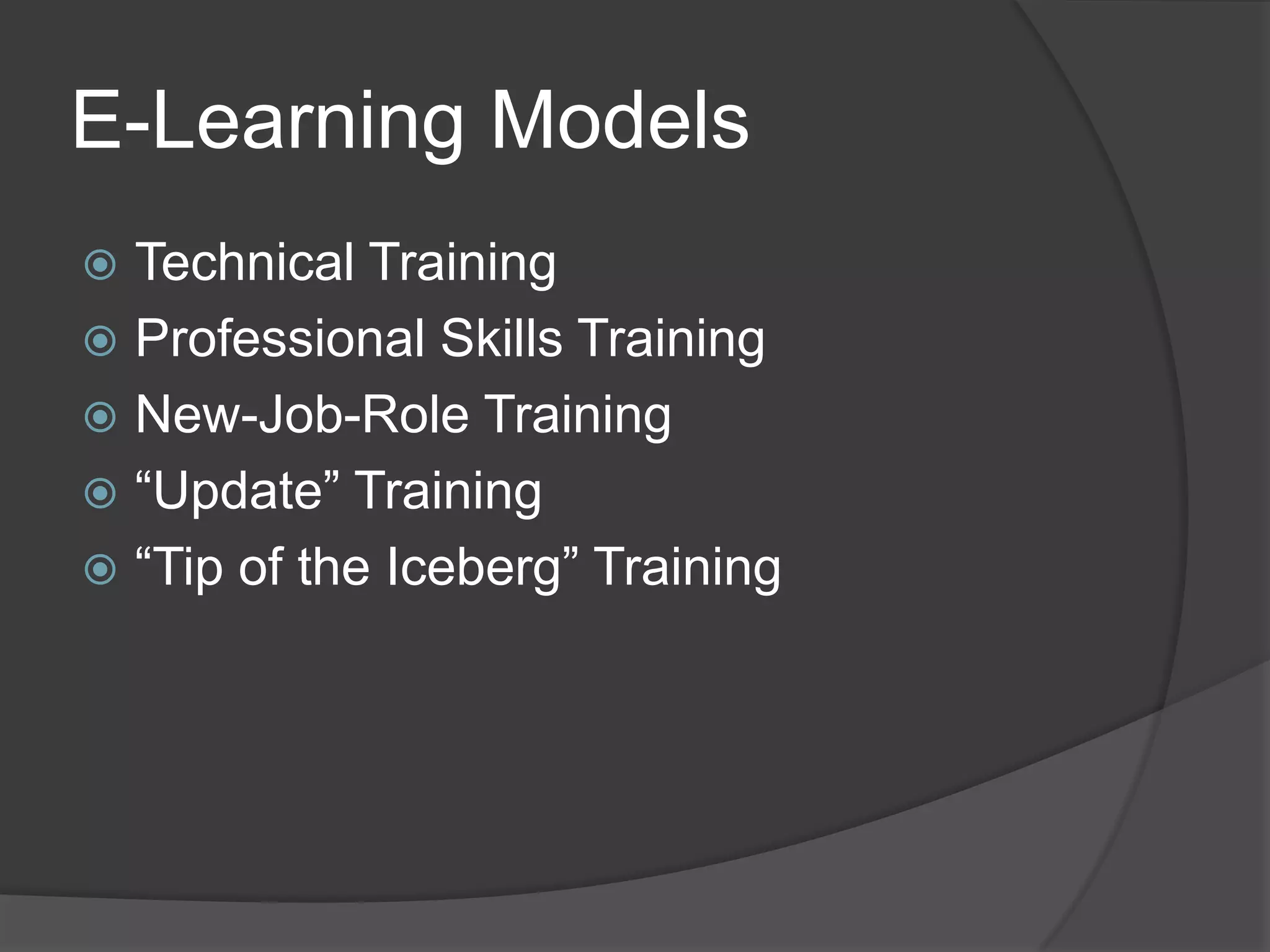 E-Learning ModelsTechnical TrainingProfessional Skills TrainingNew-Job-Role Training“Update” Training“Tip of the Iceberg” Training