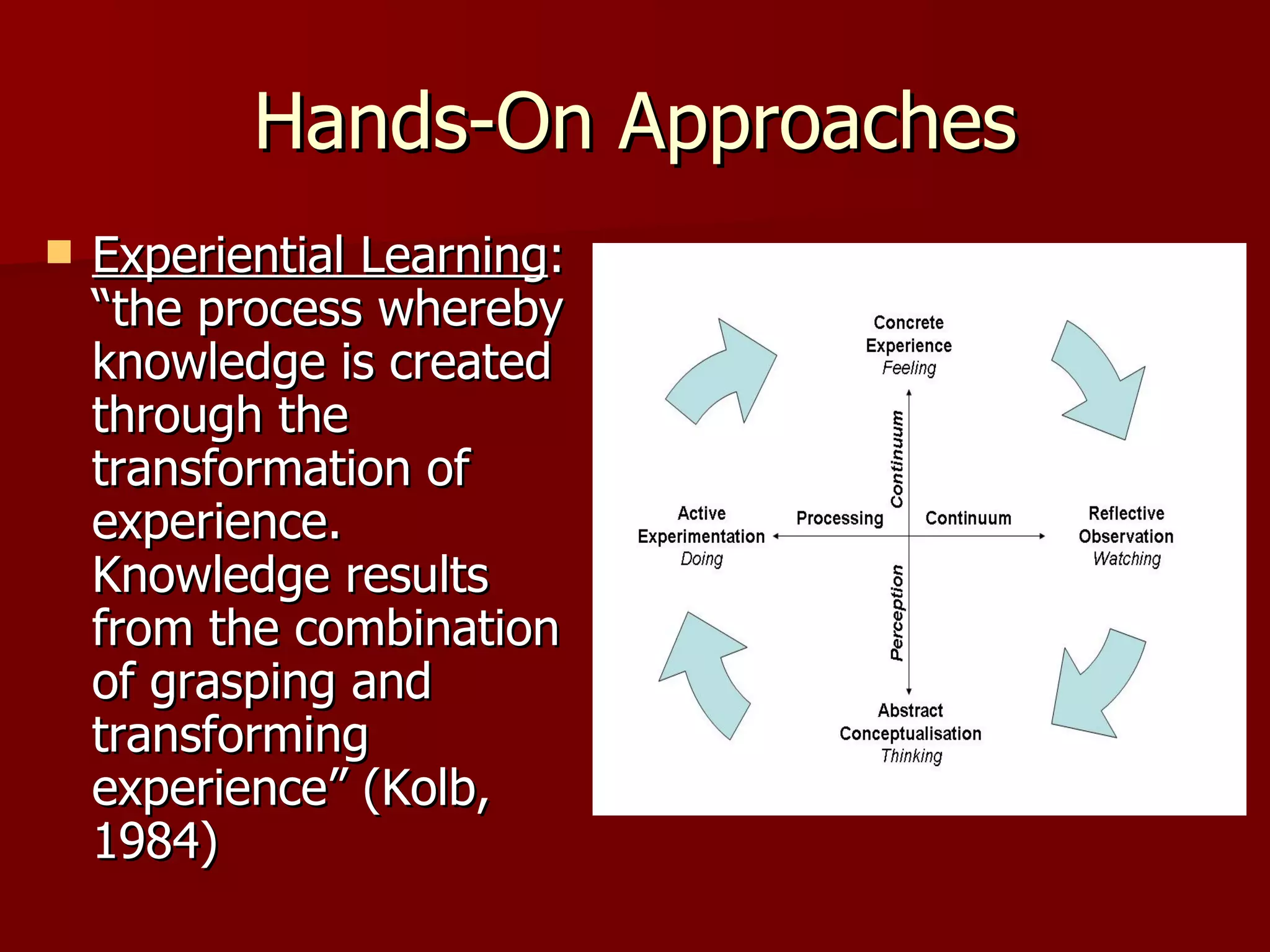 Hands-On Approaches
   Experiential Learning:
    “the process whereby
    knowledge is created
    through the
    transformation of
    experience.
    Knowledge results
    from the combination
    of grasping and
    transforming
    experience” (Kolb,
    1984)
 