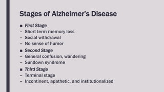 Stages of Alzheimer’s Disease
■ First Stage
– Short term memory loss
– Social withdrawal
– No sense of humor
■ Second Stage
– General confusion, wandering
– Sundown syndrome
■ Third Stage
– Terminal stage
– Incontinent, apathetic, and institutionalized
 