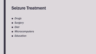 Seizure Treatment
■ Drugs
■ Surgery
■ Diet
■ Microcomputers
■ Education
 