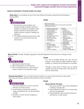 MODULE10
15
Design, select, organize and use diagnostic, formative and summative
assessment strategies consistent with curriculum requirements
FORMATIVE ASSESSMENT STRATEGIES (DURING THE LESSON)
Observation. It is considered as one of the most effective formative assessment tools (Chapman
& King, 2012).
1.	 Develop keen visual, auditory, and
perceptual skills to identify a learner’s
academic competency, strengths, needs,
abilities, behaviors, social interactions,
health, emotions, reactions, feelings and
attitudes.
2.	 This flexible assessment tool can be used
anytime, in any environment and any
circumstance.
Sample
Show of Hands. A simple strategy to gauge the understanding level of your learners is through a show
of hands.
1.	 Ask learners about the topic.
2.	 Allow ‘thinking time’ for the learners.
3.	Then, ask the learners for a quick show of
hands in relation to the question raised.
Sample
In a unit on problem solving, you may ask your
learners if they recall the steps needed to solve a
problem or to determine the operation of a problem.
Through a quick show of hands, you can decide
whether you need to review with a few learners or
with the whole class.
Demonstration Station. The use of demonstration stations is a great way for learners to show what
they know and help you determine the direction of future instruction.
1.	 Set up the classroom in such a way that
learners can move around.
2.	 In each station, prepare the materials,
tools, manipulatives, etc. for demonstration
of skills.
3.	Be able to monitor learner’s progress in
each station.
Sample
Measure Me (for TLE class)
1.	 Set up two stations: dry and wet ingredients
in baking a sponge cake.
2.	 Ask the learners to take turns in measuring
each set of ingredients.
3.	Provide different sets of activity sheets for
each learner in each station.
HOW TO DO IT?
?
HOW TO DO IT?
?
HOW TO DO IT?
?
 