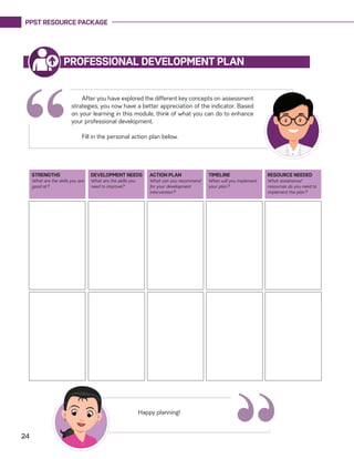PPST RESOURCE PACKAGE
24
PROFESSIONAL DEVELOPMENT PLAN
STRENGTHS
What are the skills you are
good at?
DEVELOPMENT NEEDS
What are the skills you
need to improve?
ACTION PLAN
What can you recommend
for your development
intervention?
TIMELINE
When will you implement
your plan?
RESOURCE NEEDED
What assistance/
resources do you need to
implement the plan?
After you have explored the different key concepts on assessment
strategies, you now have a better appreciation of the indicator. Based
on your learning in this module, think of what you can do to enhance
your professional development.
Fill in the personal action plan below.
“
“Happy planning!
 