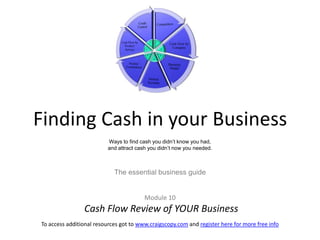 Finding Cash in your BusinessWays to find cash you didn’t know you had, and attract cash you didn’t now you needed.The essential business guideModule 10 Cash Flow Review of YOUR Business 