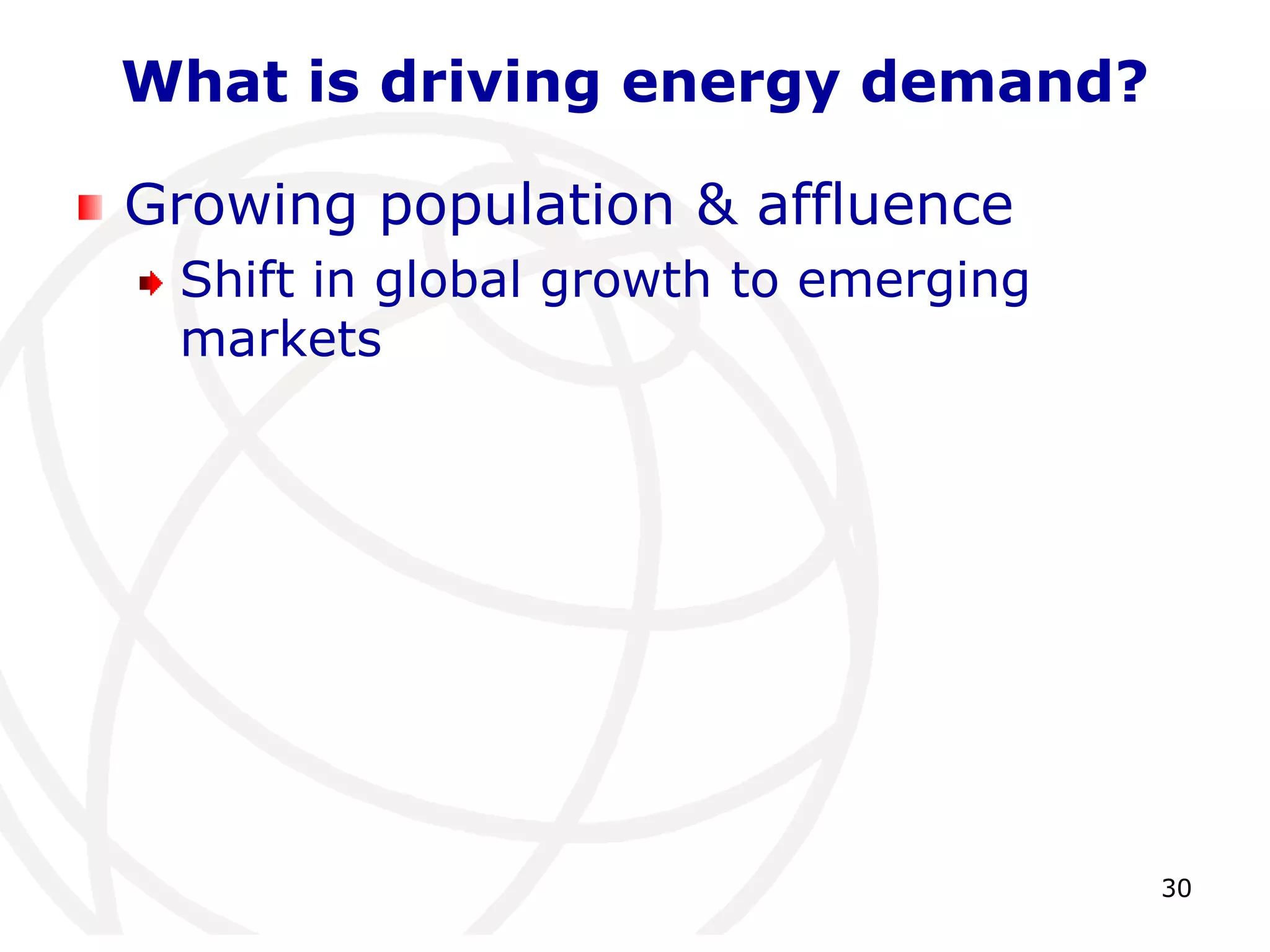 30What is driving energy demand?Growing population & affluence Shift in global growth to emerging markets