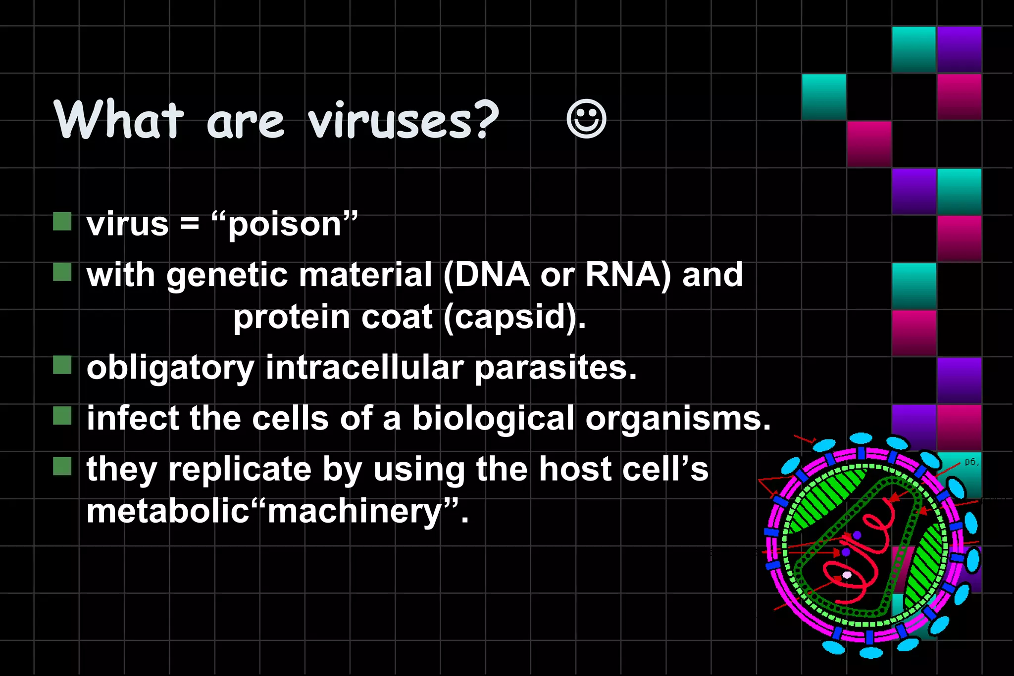 What are viruses?                 
s   virus = “poison”
s   with genetic material (DNA or RNA) and
              protein coat (capsid).
s   obligatory intracellular parasites.
s   infect the cells of a biological organisms.
s   they replicate by using the host cell’s
    metabolic“machinery”.
 