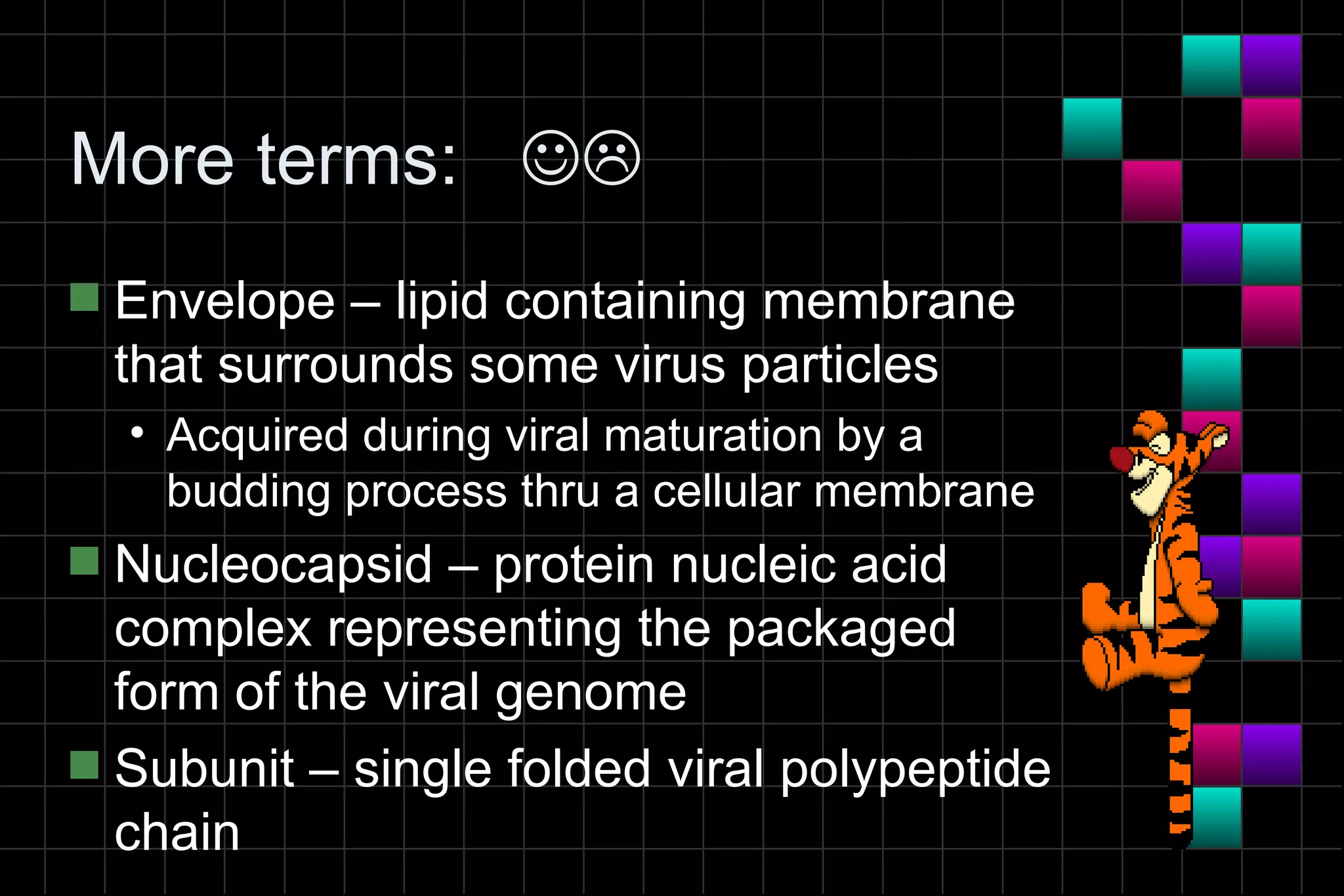 More terms: 
s   Envelope – lipid containing membrane
    that surrounds some virus particles
    • Acquired during viral maturation by a
      budding process thru a cellular membrane
s Nucleocapsid – protein nucleic acid
  complex representing the packaged
  form of the viral genome
s Subunit – single folded viral polypeptide
  chain
 