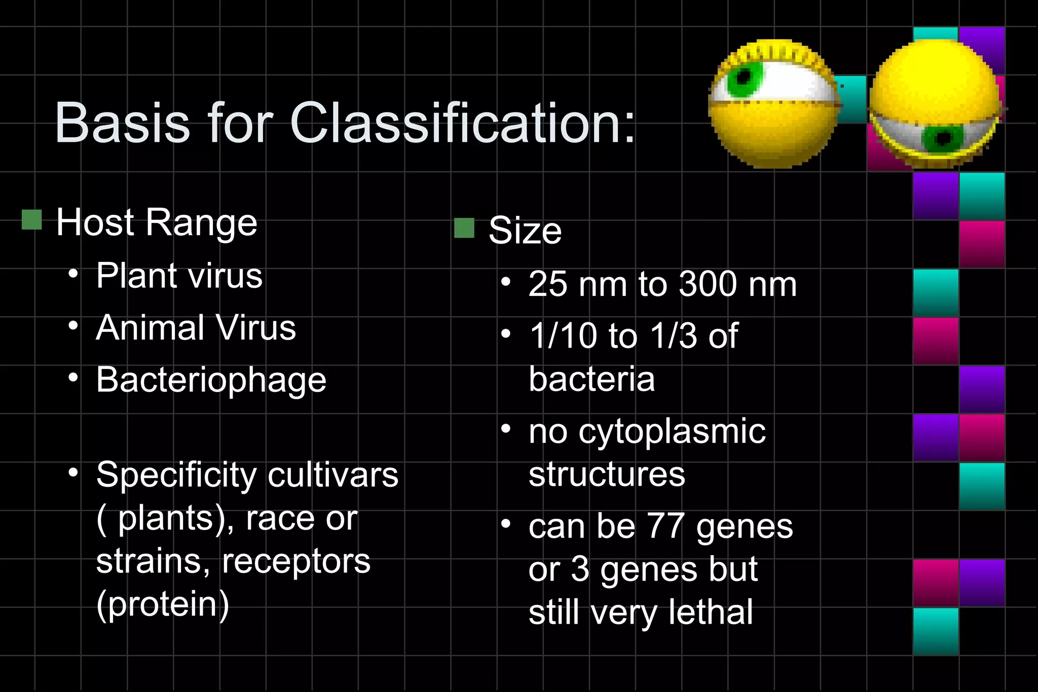 Basis for Classification:
s   Host Range                s   Size
    • Plant virus                 • 25 nm to 300 nm
    • Animal Virus                • 1/10 to 1/3 of
    • Bacteriophage                 bacteria
                                  • no cytoplasmic
    • Specificity cultivars         structures
      ( plants), race or          • can be 77 genes
      strains, receptors            or 3 genes but
      (protein)                     still very lethal
 