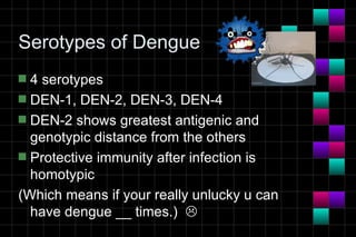 Serotypes of Dengue
s 4 serotypes
s DEN-1, DEN-2, DEN-3, DEN-4
s DEN-2 shows greatest antigenic and
  genotypic distance from the others
s Protective immunity after infection is
  homotypic
(Which means if your really unlucky u can
  have dengue __ times.) 
 