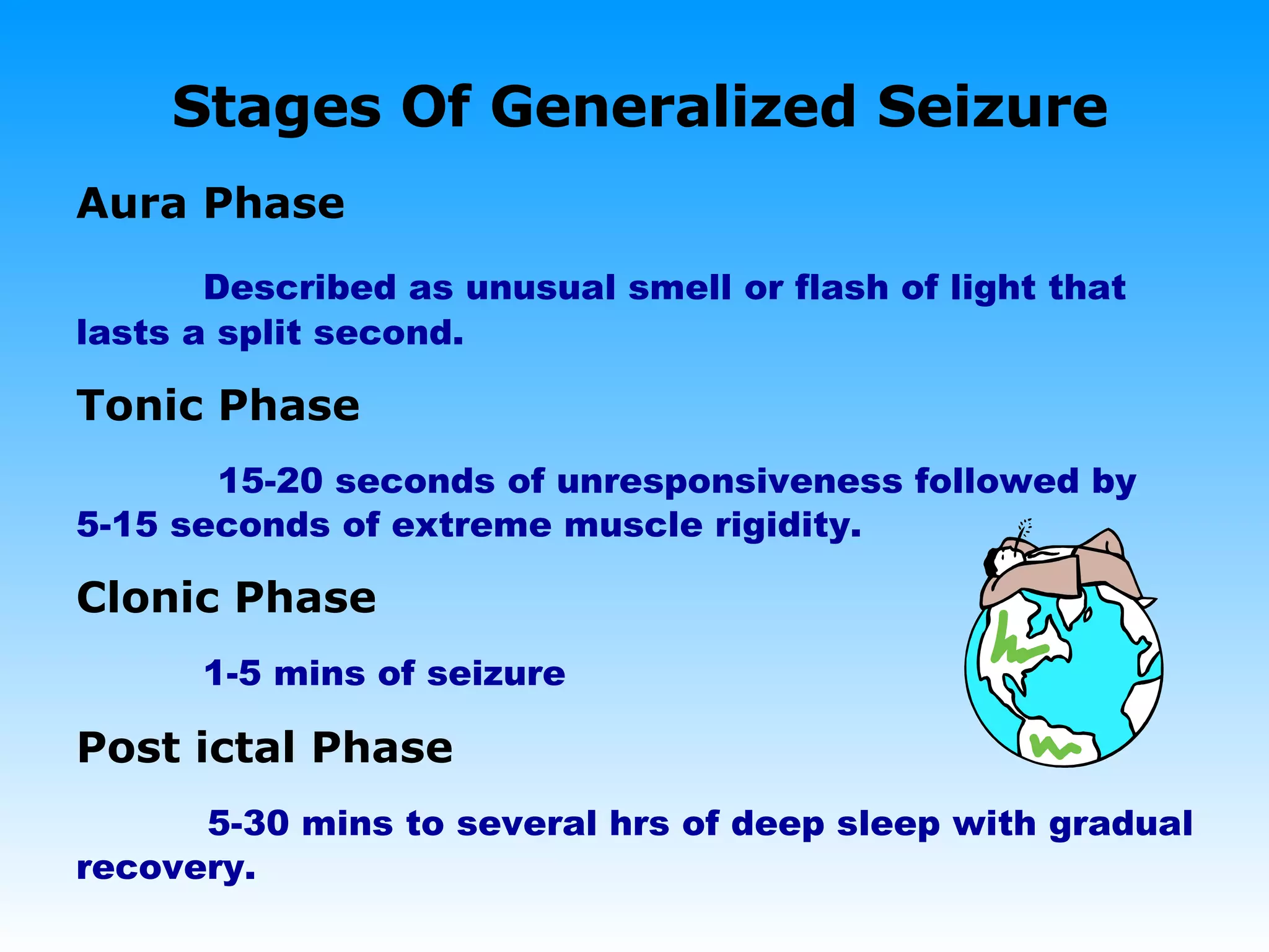 Stages Of Generalized Seizure Aura Phase   Described as unusual smell or flash of light that lasts a split second. Tonic Phase     15-20 seconds of unresponsiveness followed by 5-15 seconds of extreme muscle rigidity. Clonic Phase 1-5 mins of seizure Post ictal Phase 5-30 mins to several hrs of deep sleep with gradual recovery. 