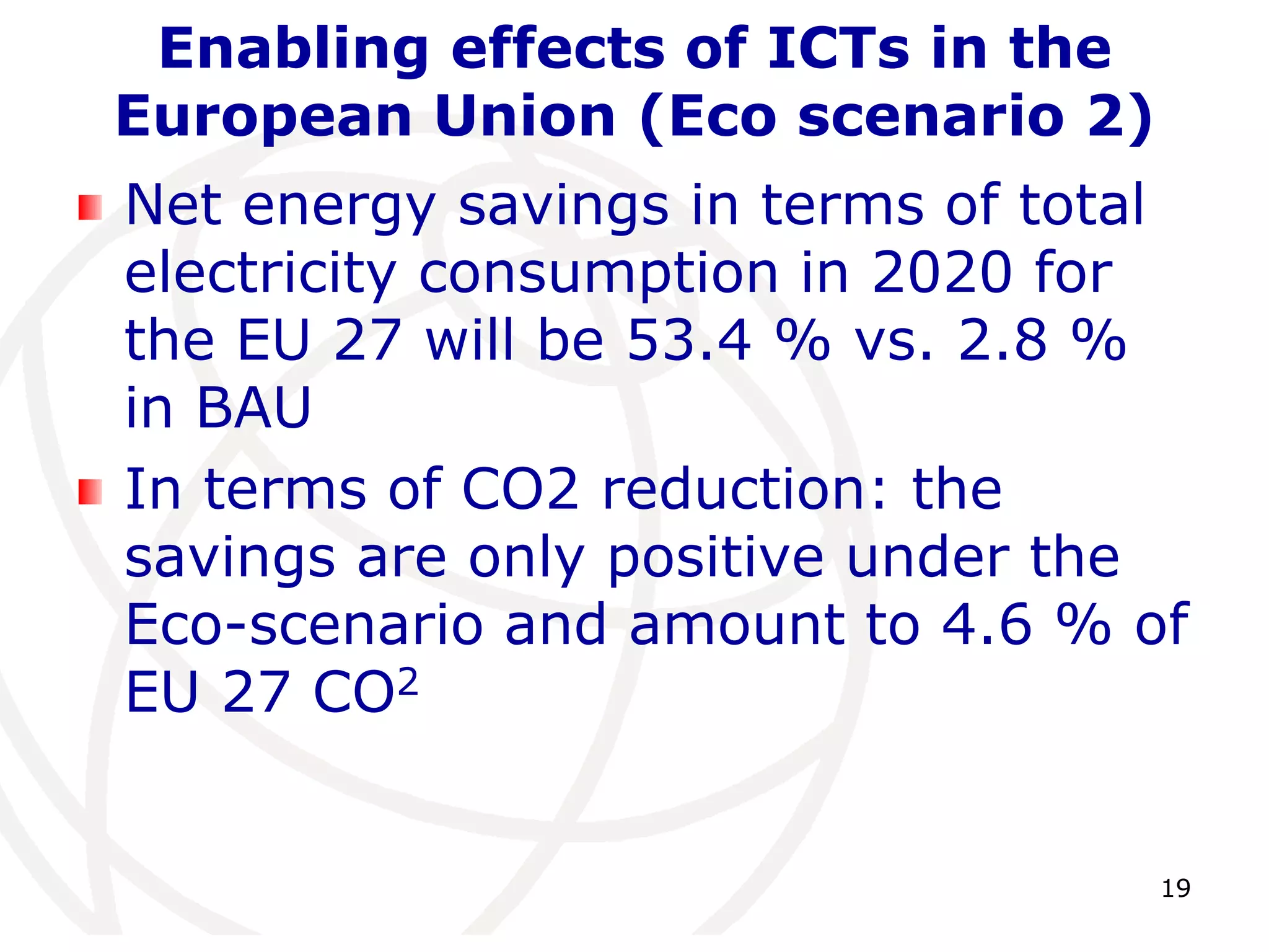 Enabling effects of ICTs in the 
European Union (Eco scenario 2) 
Net energy savings in terms of total 
electricity consumption in 2020 for 
the EU 27 will be 53.4 % vs. 2.8 % 
in BAU 
In terms of CO2 reduction: the 
savings are only positive under the 
Eco-scenario and amount to 4.6 % of 
EU 27 CO2 
19 
 