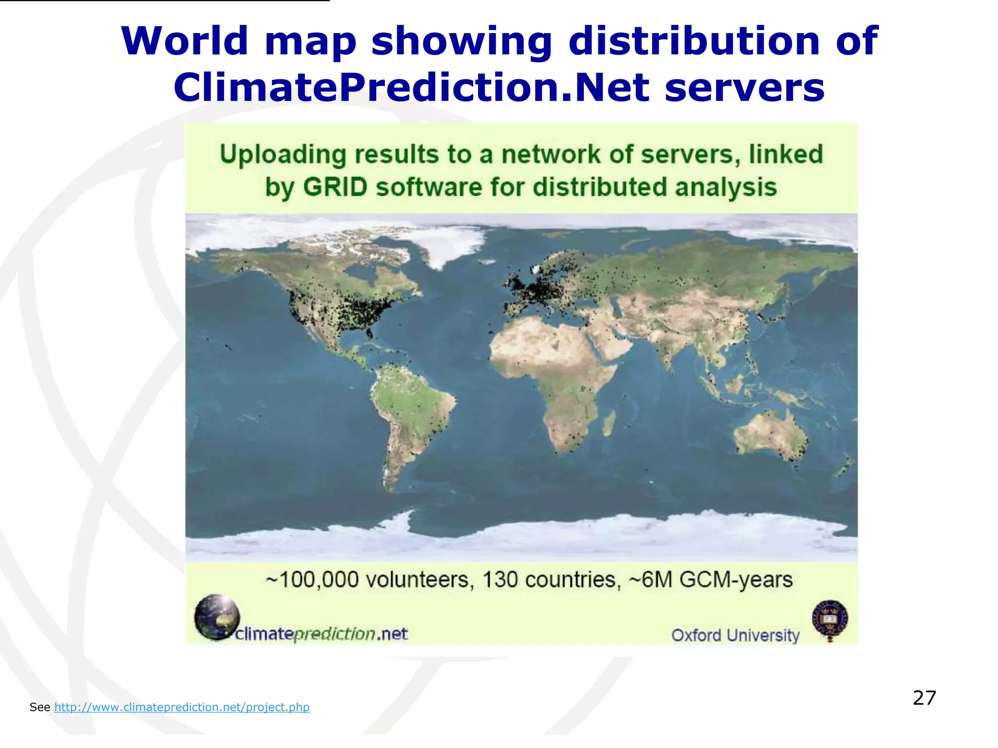 27 
World map showing distribution of 
ClimatePrediction.Net servers 
See http://www.climateprediction.net/project.php 
 