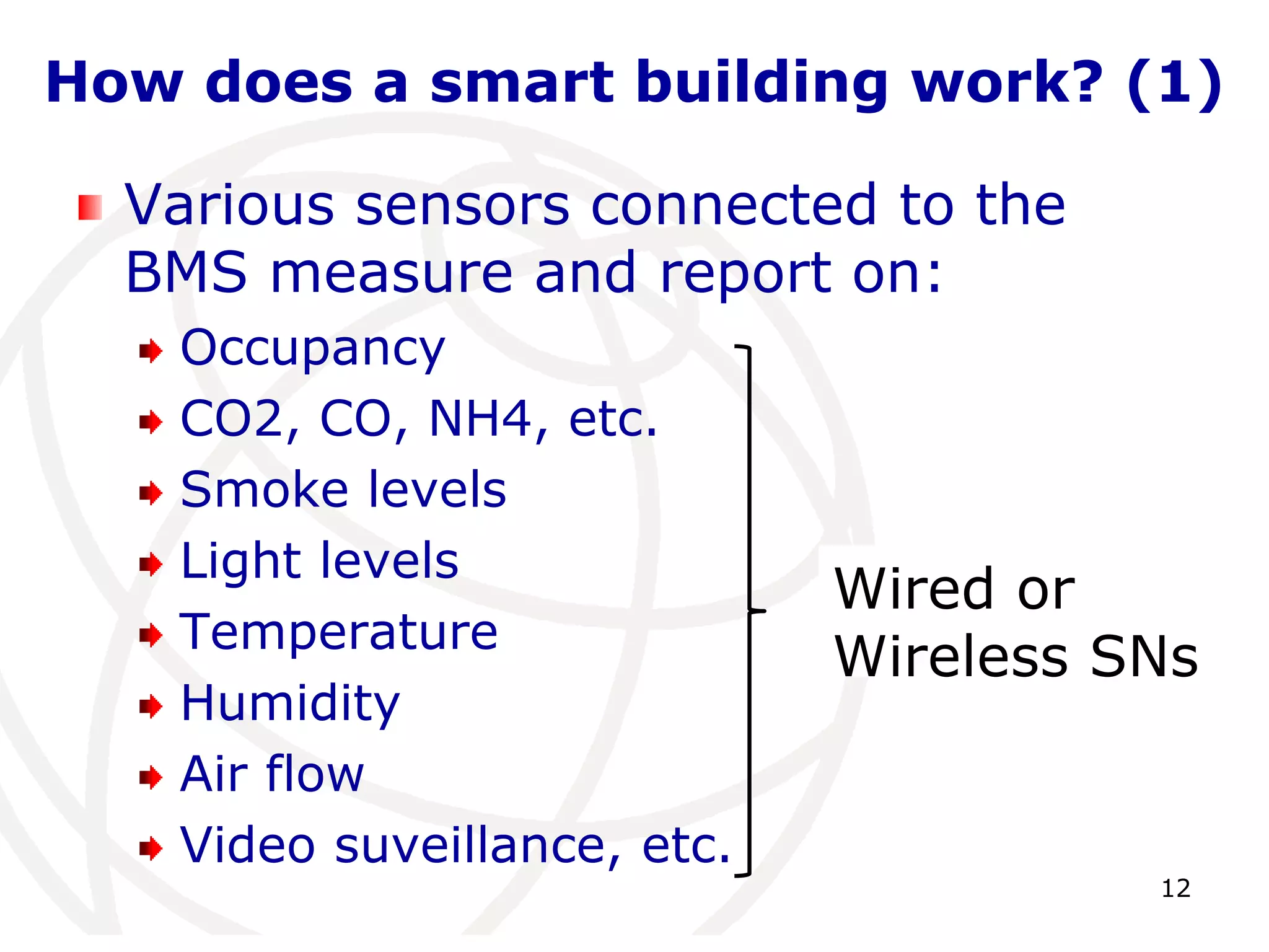 How does a smart building work? (1) 
12 
Various sensors connected to the 
BMS measure and report on: 
Occupancy 
CO2, CO, NH4, etc. 
Smoke levels 
Light levels 
Temperature 
Humidity 
Air flow 
Video suveillance, etc. 
Wired or 
Wireless SNs 
 