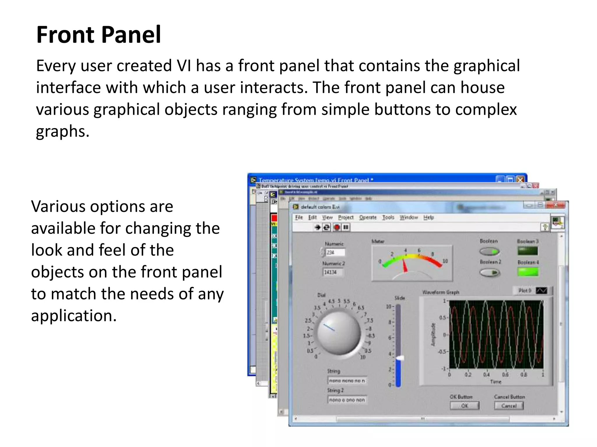 Front Panel
Every user created VI has a front panel that contains the graphical
interface with which a user interacts. The front panel can house
various graphical objects ranging from simple buttons to complex
graphs.
Various options are
available for changing the
look and feel of the
objects on the front panel
to match the needs of any
application.
 
