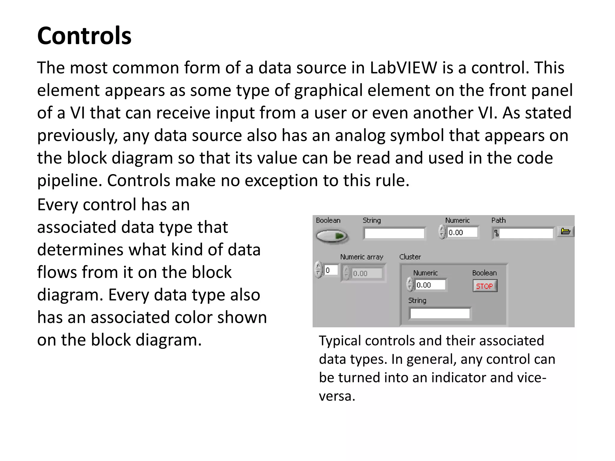 Controls
The most common form of a data source in LabVIEW is a control. This
element appears as some type of graphical element on the front panel
of a VI that can receive input from a user or even another VI. As stated
previously, any data source also has an analog symbol that appears on
the block diagram so that its value can be read and used in the code
pipeline. Controls make no exception to this rule.
Every control has an
associated data type that
determines what kind of data
flows from it on the block
diagram. Every data type also
has an associated color shown
on the block diagram. Typical controls and their associated
data types. In general, any control can
be turned into an indicator and vice-
versa.
 