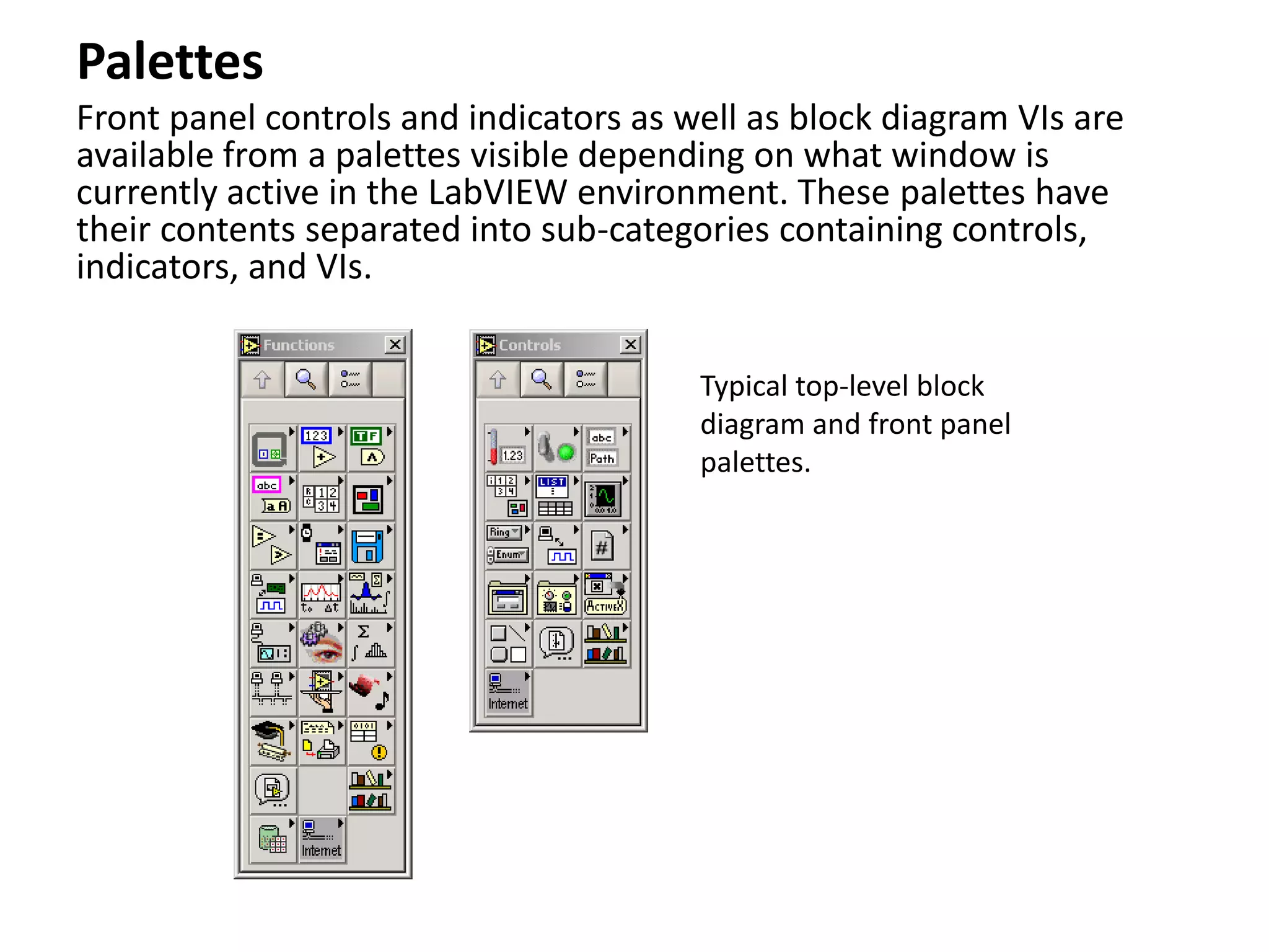 Palettes
Front panel controls and indicators as well as block diagram VIs are
available from a palettes visible depending on what window is
currently active in the LabVIEW environment. These palettes have
their contents separated into sub-categories containing controls,
indicators, and VIs.
Typical top-level block
diagram and front panel
palettes.
 