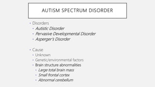 AUTISM SPECTRUM DISORDER
• Disorders
• Autistic Disorder
• Pervasive Developmental Disorder
• Asperger’s Disorder
• Cause
• Unknown
• Genetic/environmental factors
• Brain structure abnormalities
• Large total brain mass
• Small frontal cortex
• Abnormal cerebellum
 