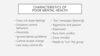 CHARACTERISTICS OF
POOR MENTAL HEALTH
• Does not share feelings
• Emotions control
behaviors
• Pessimistic
• Ignores/denies problems
• Cannot accept change
• Lets stress control life
• “You” messages (blaming)
• Aggressive and passive
• Depressed
• Runs from conflict
• Close minded
• Needs to “run” the group
 