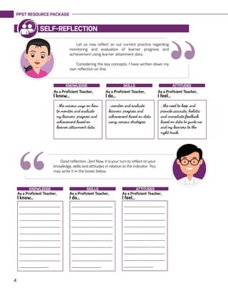 PPST RESOURCE PACKAGE
4
“
Let us now reflect on our current practice regarding
monitoring and evaluation of learner progress and
achievement using learner attainment data.
Considering the key concepts, I have written down my
own reflection on this.
SELF-REFLECTION
…the various ways on how
to monitor and evaluate
my learners’ progress and
achievement based on
learner attainment data.
…monitor and evaluate
learners’ progress and
achievement based on data
using various strategies.
…the need to keep and
provide accurate, holistic
and immediate feedback
based on data to guide me
and my learners to the
right track.
As a Proficient Teacher,
I know…
As a Proficient Teacher,
I do…
As a Proficient Teacher,
I feel…
KNOWLEDGE SKILLS ATTITUDES
Good reflection, Jen! Now, it is your turn to reflect on your
knowledge, skills and attitudes in relation to the indicator. You
may write it in the boxes below.
“_________________________
________________________
_________________________
_________________________
_________________________
________________________
_________________________
_________________________
_________________________
__________________.
As a Proficient Teacher,
I know…
As a Proficient Teacher,
I do…
As a Proficient Teacher,
I feel…
KNOWLEDGE SKILLS ATTITUDES
_________________________
________________________
_________________________
_________________________
_________________________
________________________
_________________________
_________________________
_________________________
__________________.
_________________________
________________________
_________________________
_________________________
_________________________
________________________
_________________________
_________________________
_________________________
__________________.
 