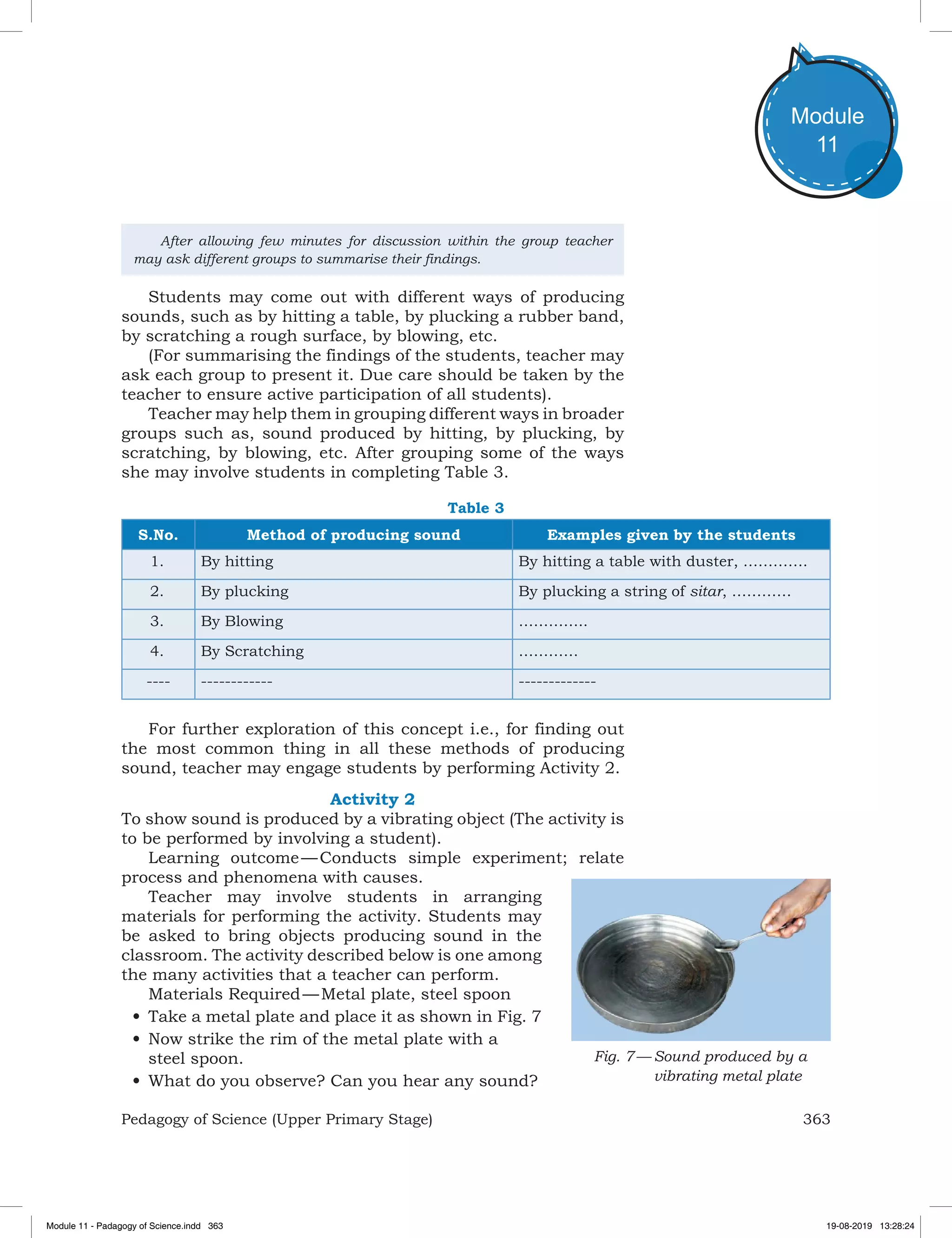 363Pedagogy of Science (Upper Primary Stage)
Module
11
	 After allowing few minutes for discussion within the group teacher
may ask different groups to summarise their findings.
Students may come out with different ways of producing
sounds, such as by hitting a table, by plucking a rubber band,
by scratching a rough surface, by blowing, etc.
(For summarising the findings of the students, teacher may
ask each group to present it. Due care should be taken by the
teacher to ensure active participation of all students).
Teacher may help them in grouping different ways in broader
groups such as, sound produced by hitting, by plucking, by
scratching, by blowing, etc. After grouping some of the ways
she may involve students in completing Table 3.
Table 3
S.No. Method of producing sound Examples given by the students
1. By hitting By hitting a table with duster, ………….
2. By plucking By plucking a string of sitar, …………
3. By Blowing …………..
4. By Scratching …………
---- ------------ -------------
For further exploration of this concept i.e., for finding out
the most common thing in all these methods of producing
sound, teacher may engage students by performing Activity 2.
Activity 2
To show sound is produced by a vibrating object (The activity is
to be performed by involving a student).
Learning outcome — Conducts simple experiment; relate
process and phenomena with causes.
Teacher may involve students in arranging
materials for performing the activity. Students may
be asked to bring objects producing sound in the
classroom. The activity described below is one among
the many activities that a teacher can perform.
Materials Required — Metal plate, steel spoon
•	Take a metal plate and place it as shown in Fig. 7
•	Now strike the rim of the metal plate with a
steel spoon.
•	What do you observe? Can you hear any sound?
Fig. 7 — 	Sound produced by a
vibrating metal plate
Module 11 - Padagogy of Science.indd 363 19-08-2019 13:28:24
 