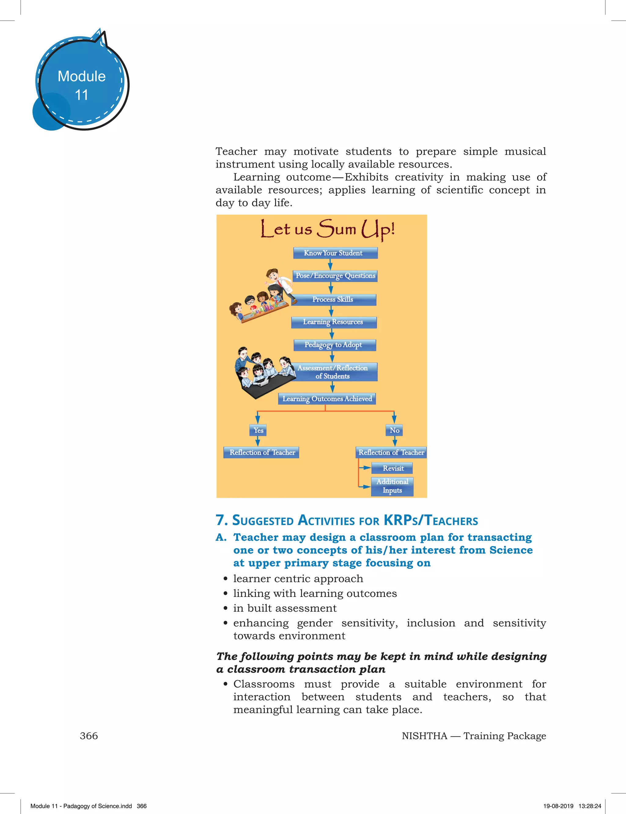 366 NISHTHA — Training Package
Module
11
Teacher may motivate students to prepare simple musical
instrument using locally available resources.
Learning outcome — Exhibits creativity in making use of
available resources; applies learning of scientific concept in
day to day life.
7. Suggested Activities for KRPs/Teachers
A.	 Teacher may design a classroom plan for transacting
one or two concepts of his/her interest from Science
at upper primary stage focusing on
•	learner centric approach
•	linking with learning outcomes
•	in built assessment
•	enhancing gender sensitivity, inclusion and sensitivity
towards environment
The following points may be kept in mind while designing
a classroom transaction plan
•	Classrooms must provide a suitable environment for
interaction between students and teachers, so that
meaningful learning can take place.
Module 11 - Padagogy of Science.indd 366 19-08-2019 13:28:24
 