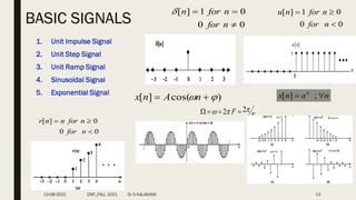 1. Unit Impulse Signal
2. Unit Step Signal
3. Unit Ramp Signal
4. Sinusoidal Signal
5. Exponential Signal
13
BASIC SIGNALS 0
0
0
1
]
[



n
for
n
for
n

0
0
0
1
]
[



n
for
n
for
n
u
0
0
0
]
[



n
for
n
for
n
n
r
)
cos(
]
[ 
 
 n
A
n
x
T
F 

 2
2 



n
a
n
x n

 ;
]
[
13-08-2021 DSP_FALL 2021 Dr S KALAIVANI
 