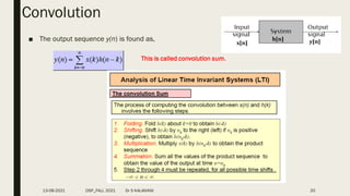 Convolution
■ The output sequence y(n) is found as,
This is called convolution sum.
DSP_FALL 2021 Dr S KALAIVANI 20
13-08-2021
 